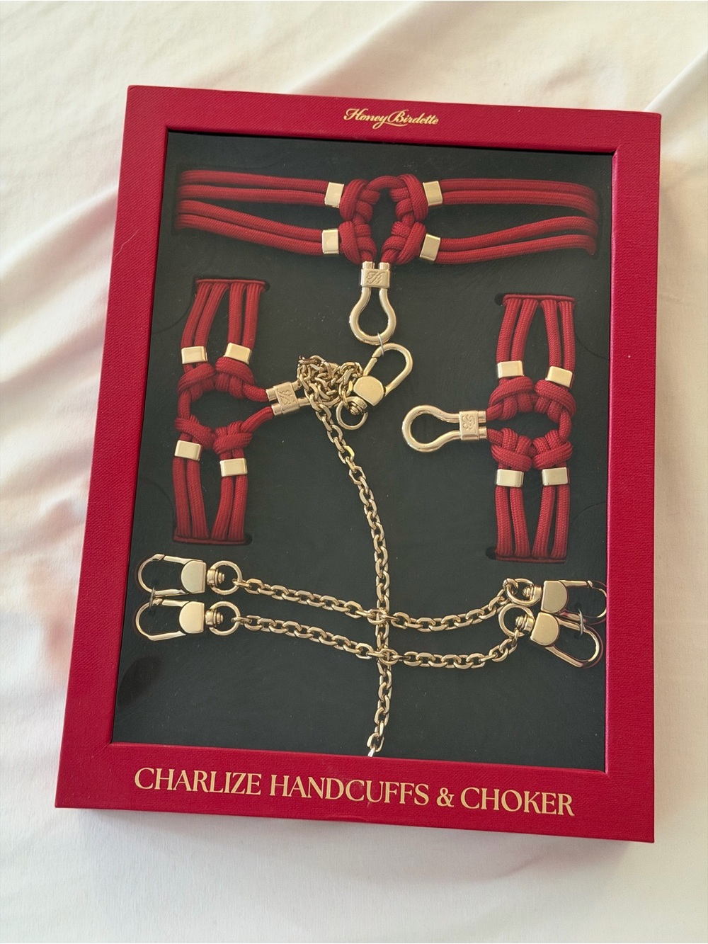 Honey Birdette Red Rope & Gold Hardware Handcuffs and Choker Set